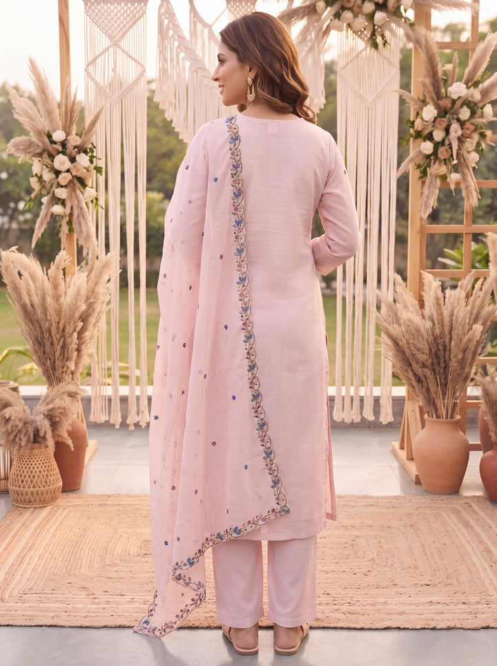 Peach Mal Linen Kurta Dupatta Pant Set
