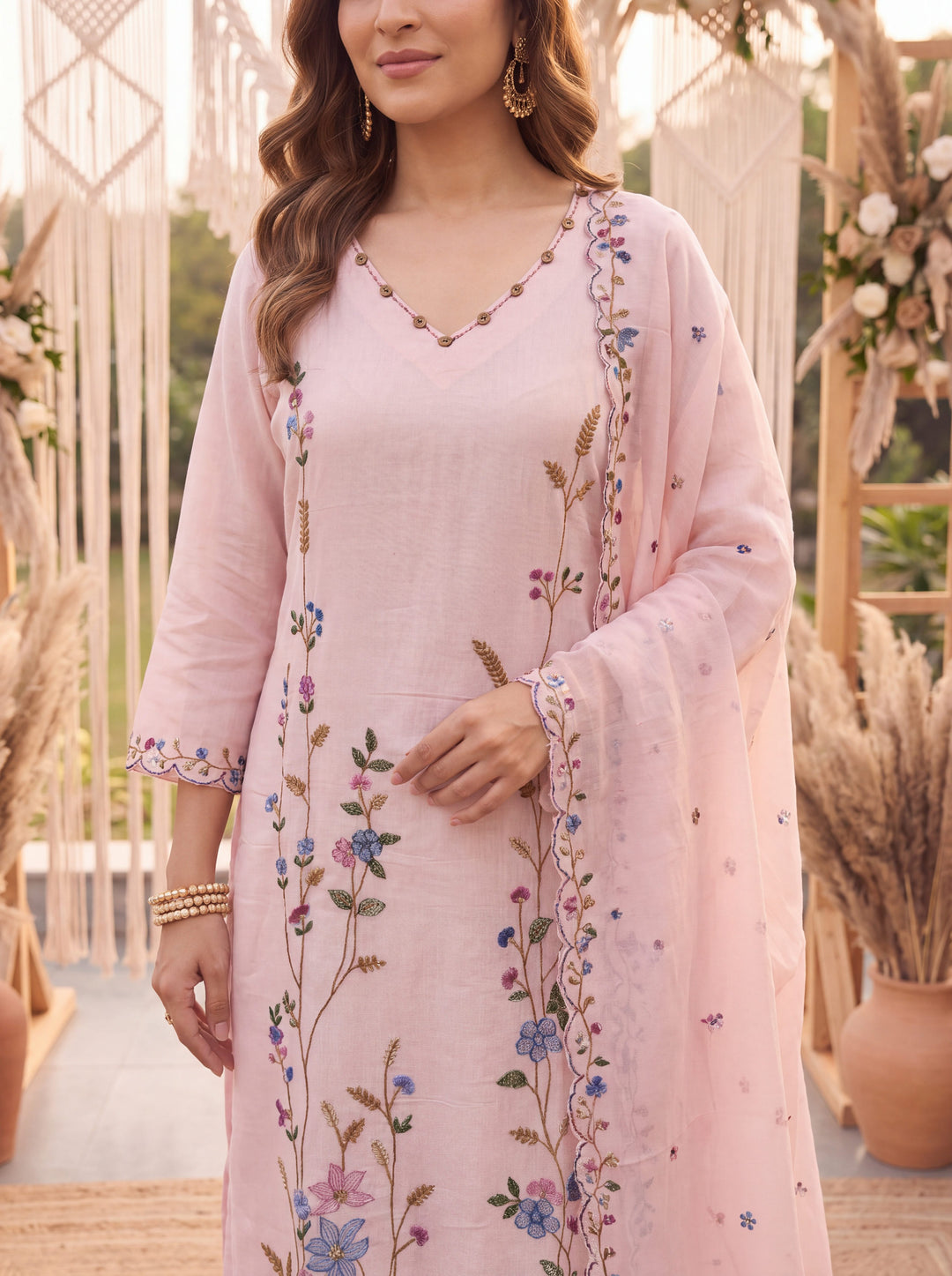 Peach Mal Linen Kurta Dupatta Pant Set