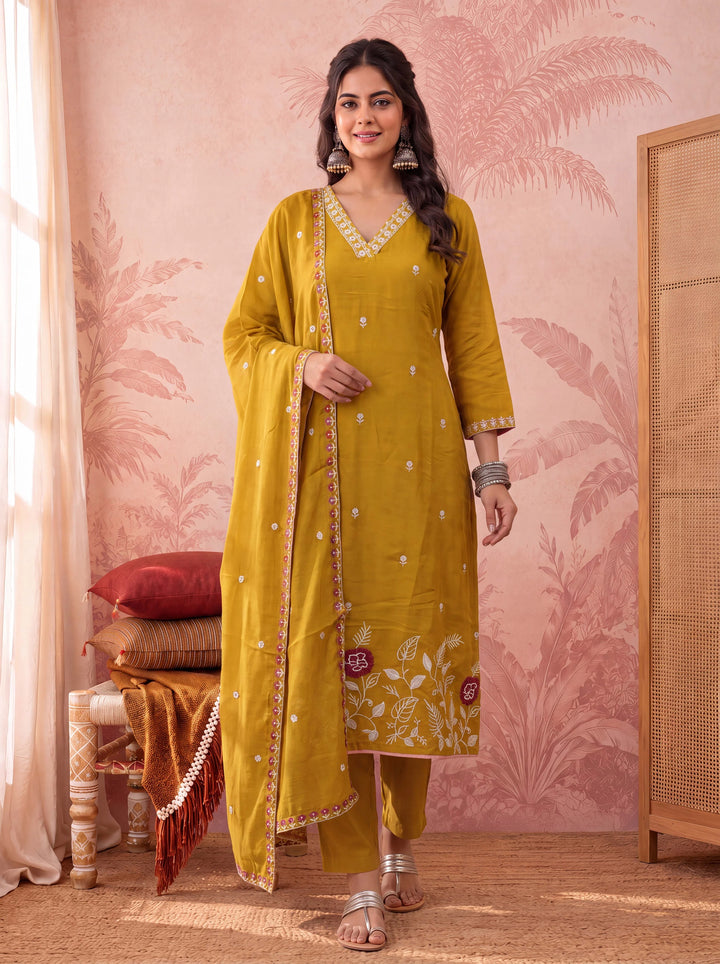 Mustard Straight Chanderi Silk Thared Work Kurta Trouser Dupatta Set
