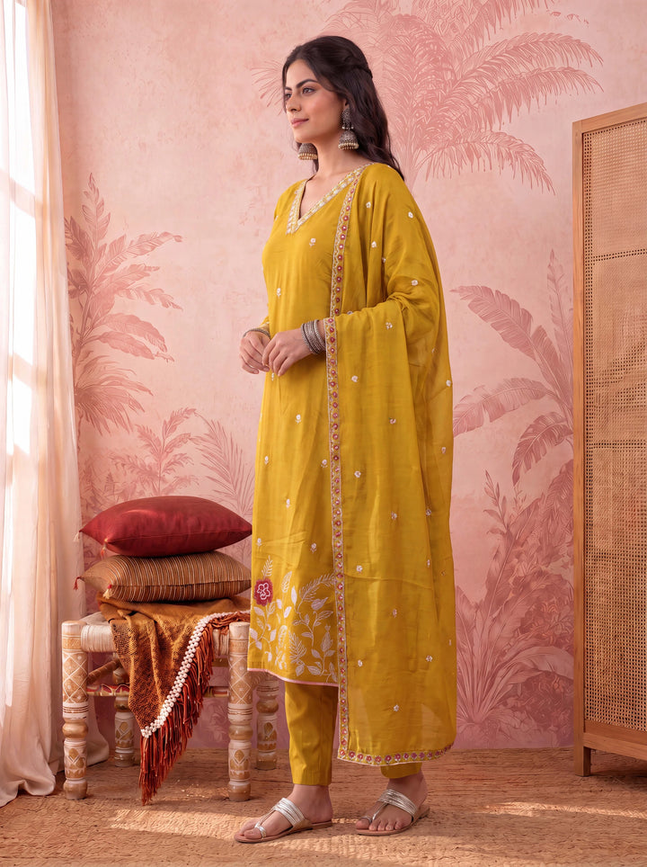 Mustard Straight Chanderi Silk Thared Work Kurta Trouser Dupatta Set