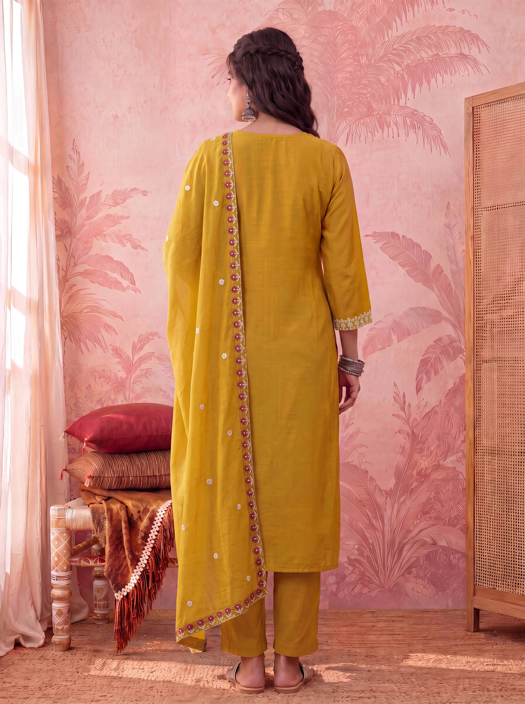 Mustard Straight Chanderi Silk Thared Work Kurta Trouser Dupatta Set