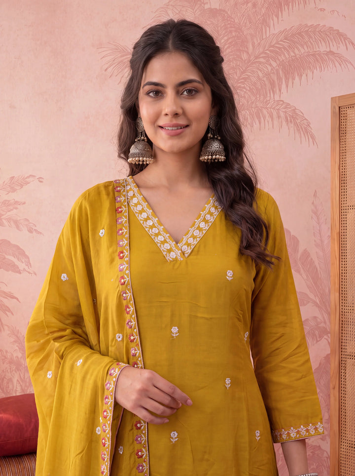 Mustard Straight Chanderi Silk Thared Work Kurta Trouser Dupatta Set