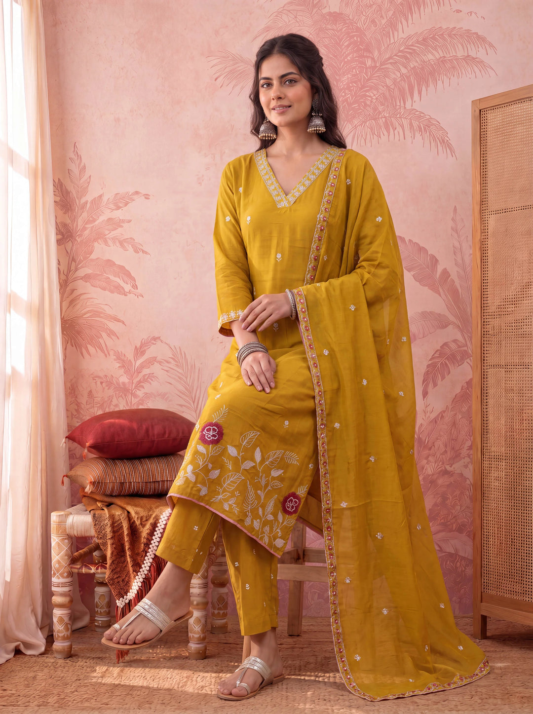 Mustard Straight Chanderi Silk Thared Work Kurta Trouser Dupatta Set