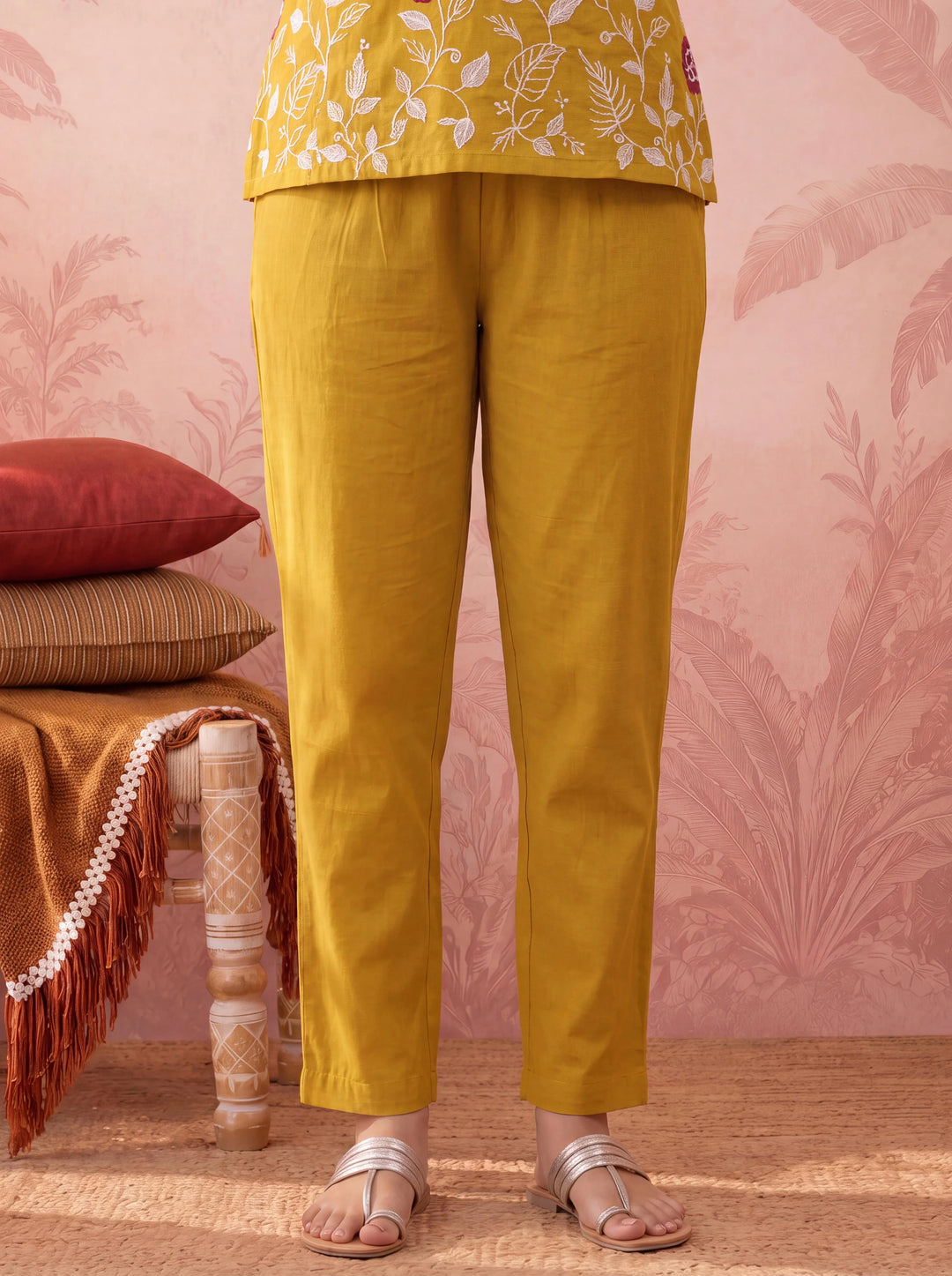 Mustard Straight Chanderi Silk Thared Work Kurta Trouser Dupatta Set