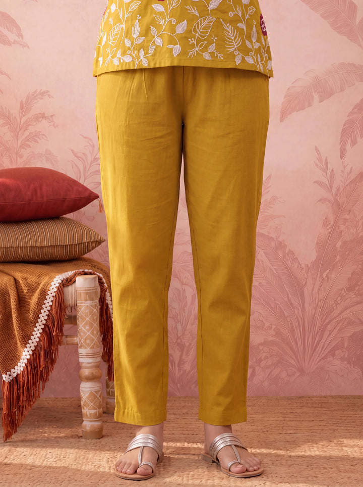 Mustard Straight Chanderi Silk Thared Work Kurta Trouser Dupatta Set