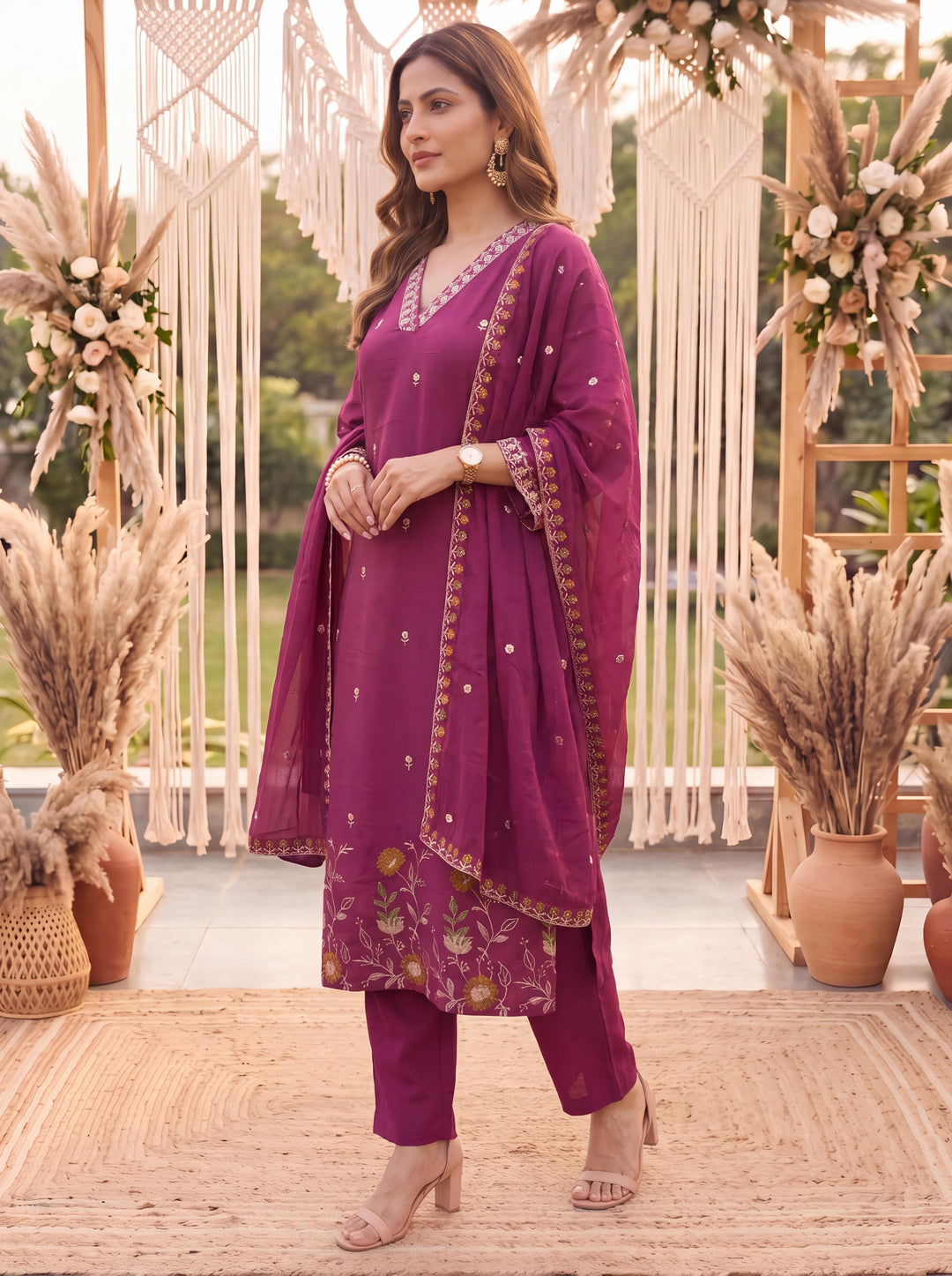 Purple Mal Chanderi Kurta Dupatta Pant Set