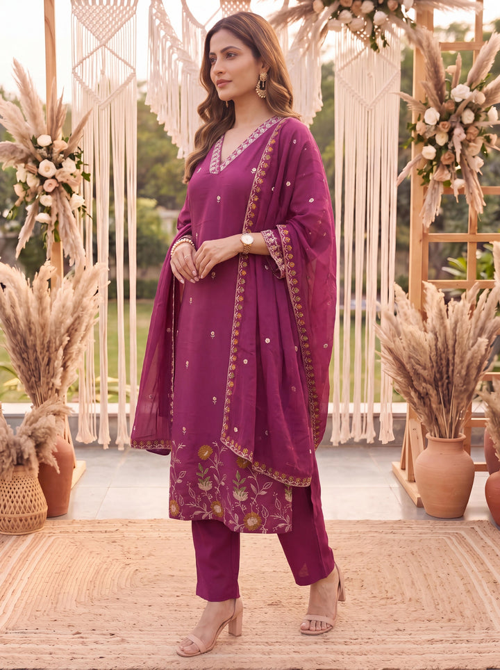 Purple Mal Chanderi Kurta Dupatta Pant Set