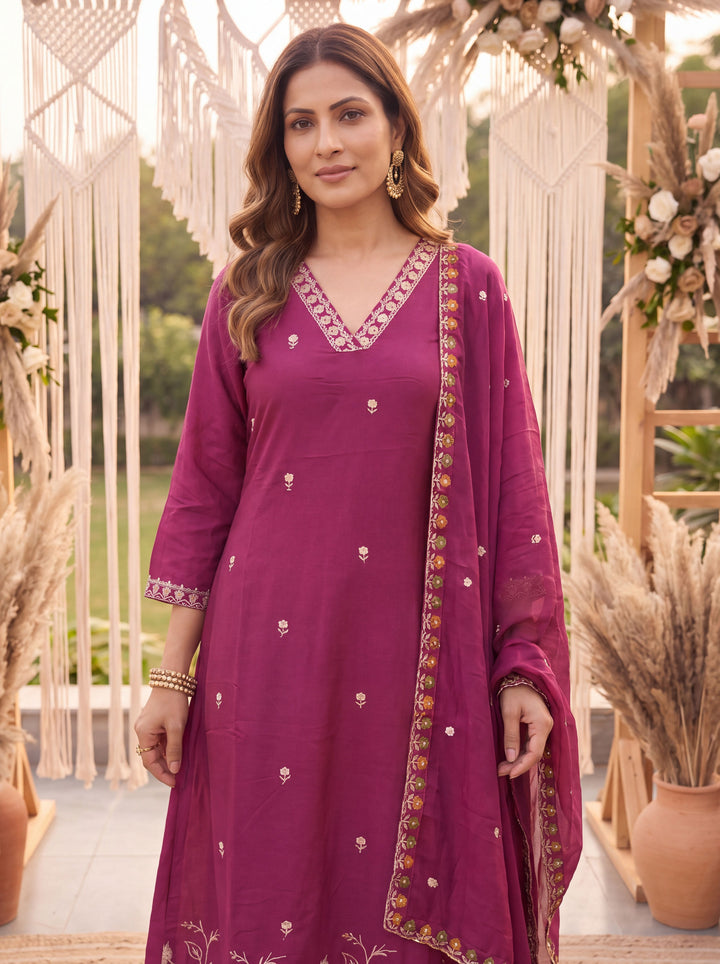 Purple Mal Chanderi Kurta Dupatta Pant Set