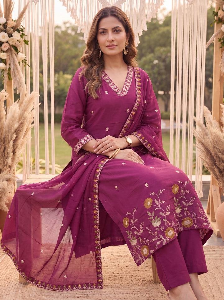 Purple Mal Chanderi Kurta Dupatta Pant Set