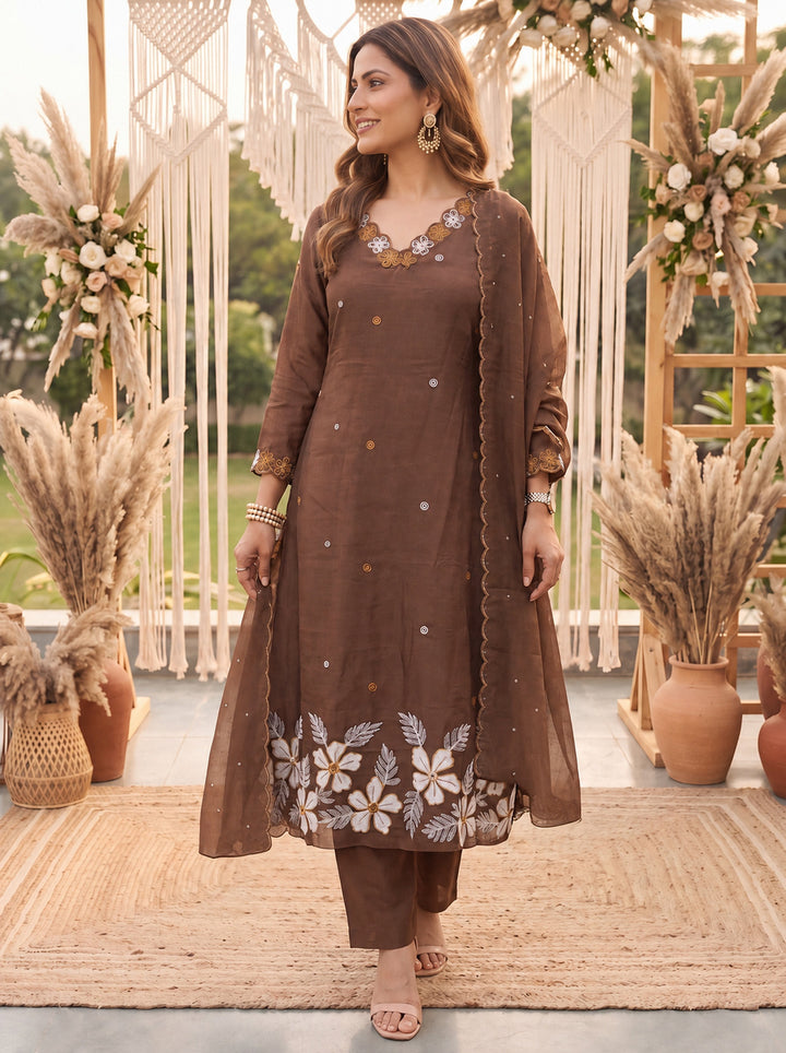 Brown Mal Chanderi Kurta Dupatta Pant Set