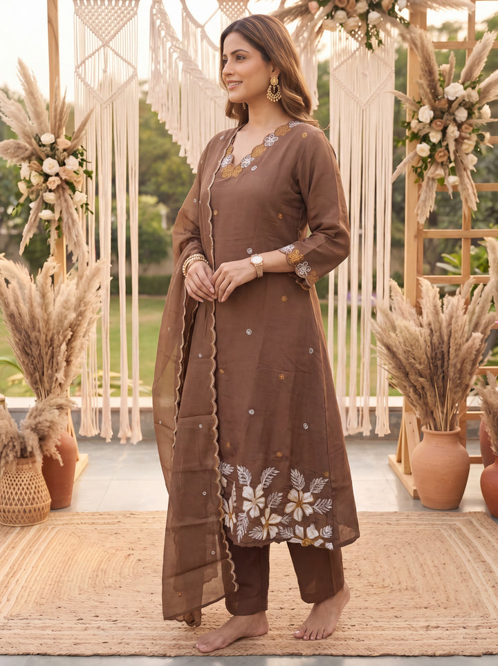 Brown Mal Chanderi Kurta Dupatta Pant Set