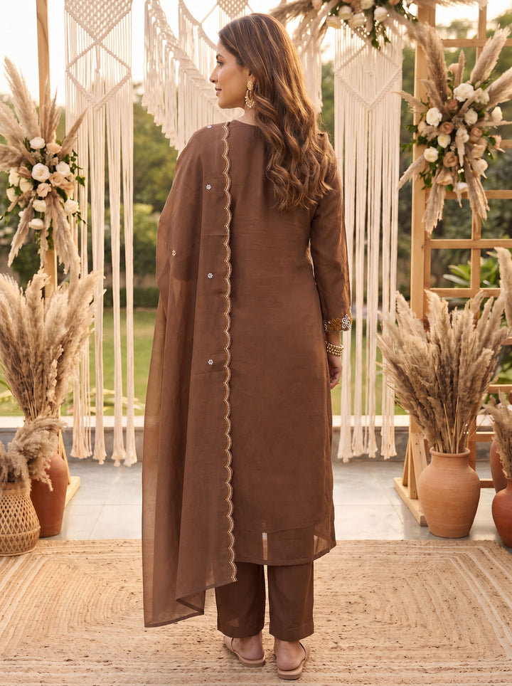 Brown Mal Chanderi Kurta Dupatta Pant Set