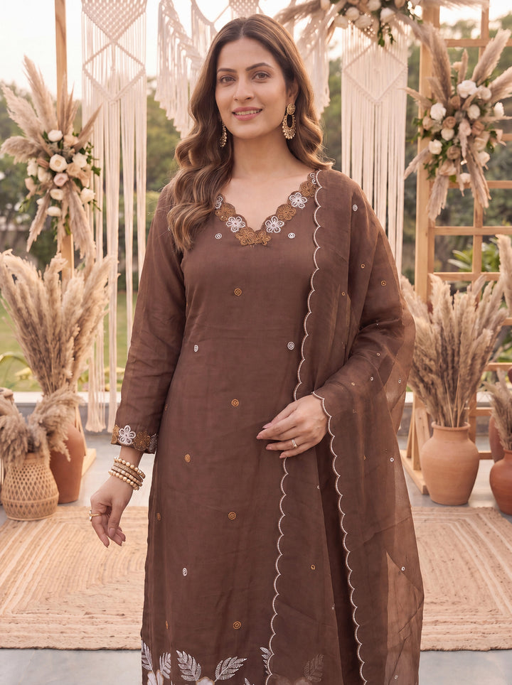 Brown Mal Chanderi Kurta Dupatta Pant Set
