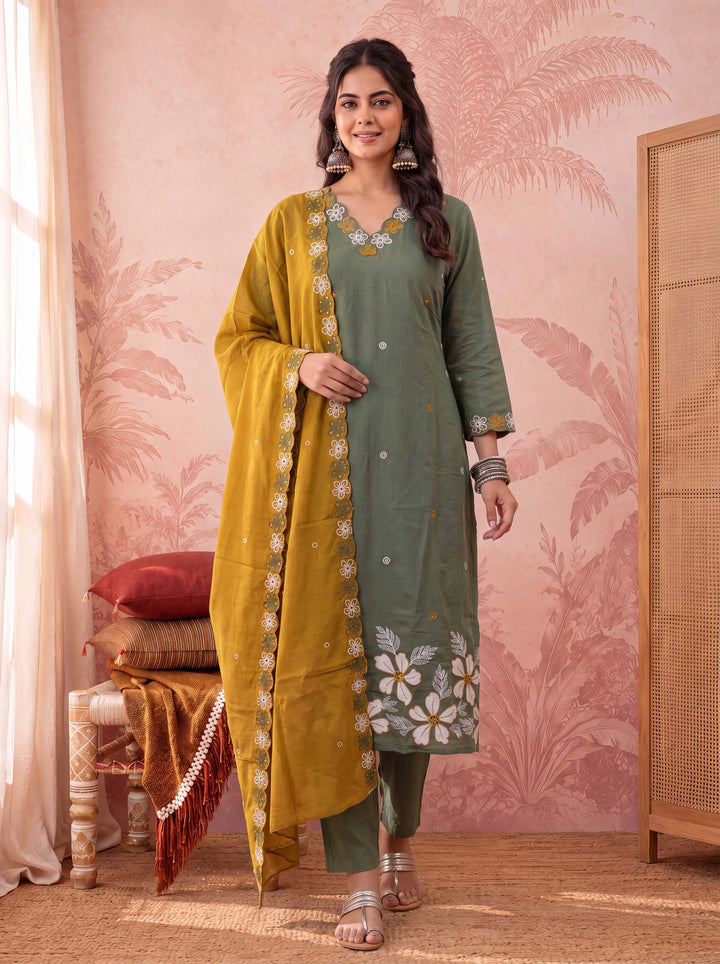 Olive Straight Chanderi Silk Thared Work Kurta Trouser Dupatta Set