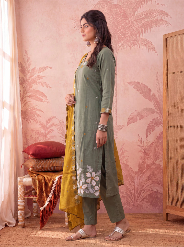Olive Straight Chanderi Silk Thared Work Kurta Trouser Dupatta Set