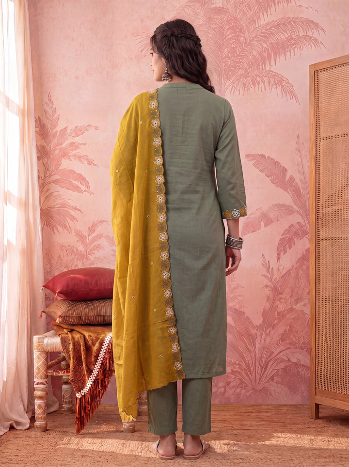Olive Straight Chanderi Silk Thared Work Kurta Trouser Dupatta Set
