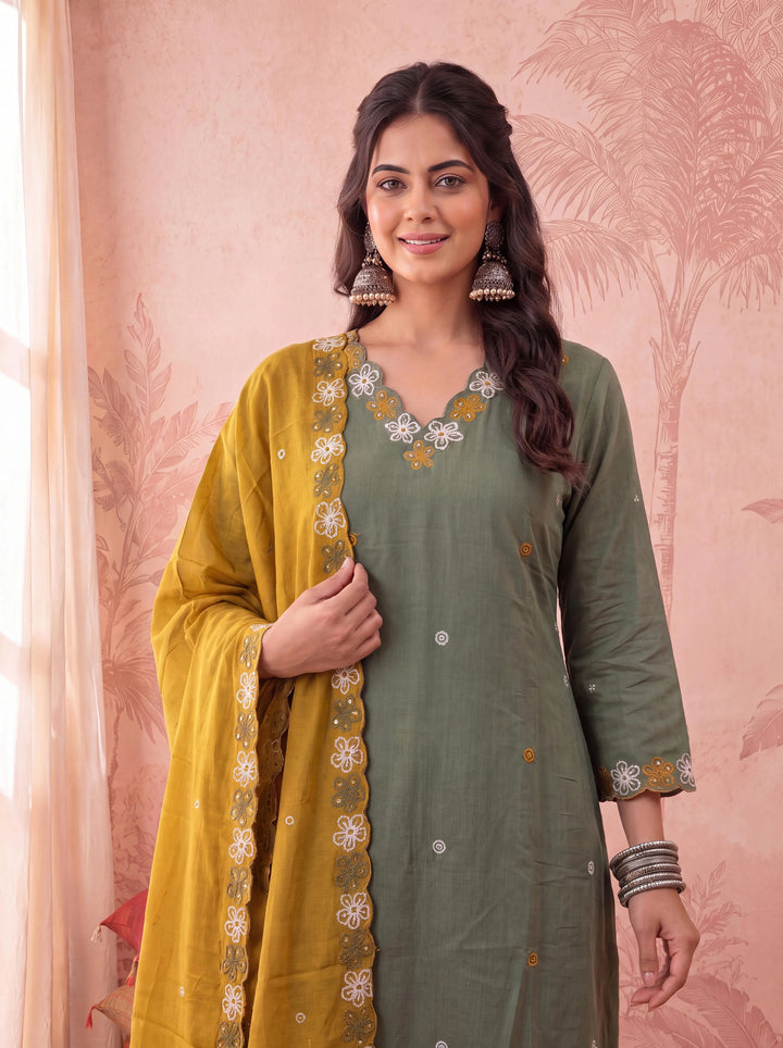 Olive Straight Chanderi Silk Thared Work Kurta Trouser Dupatta Set