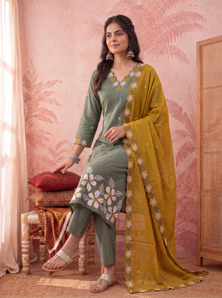 Olive Straight Chanderi Silk Thared Work Kurta Trouser Dupatta Set