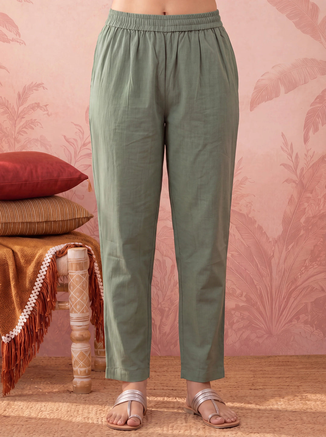 Olive Straight Chanderi Silk Thared Work Kurta Trouser Dupatta Set