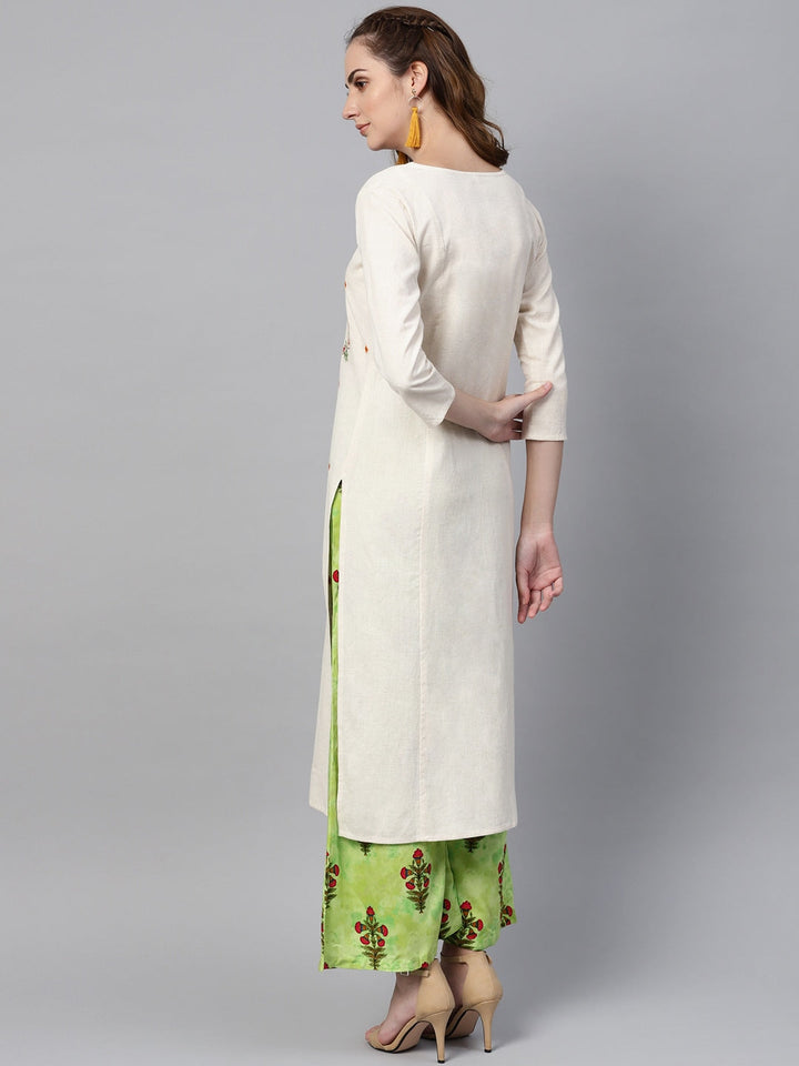 Off-White & Beige Embroidered Kurta Set-Yufta Store-YUFGKKU757GRS