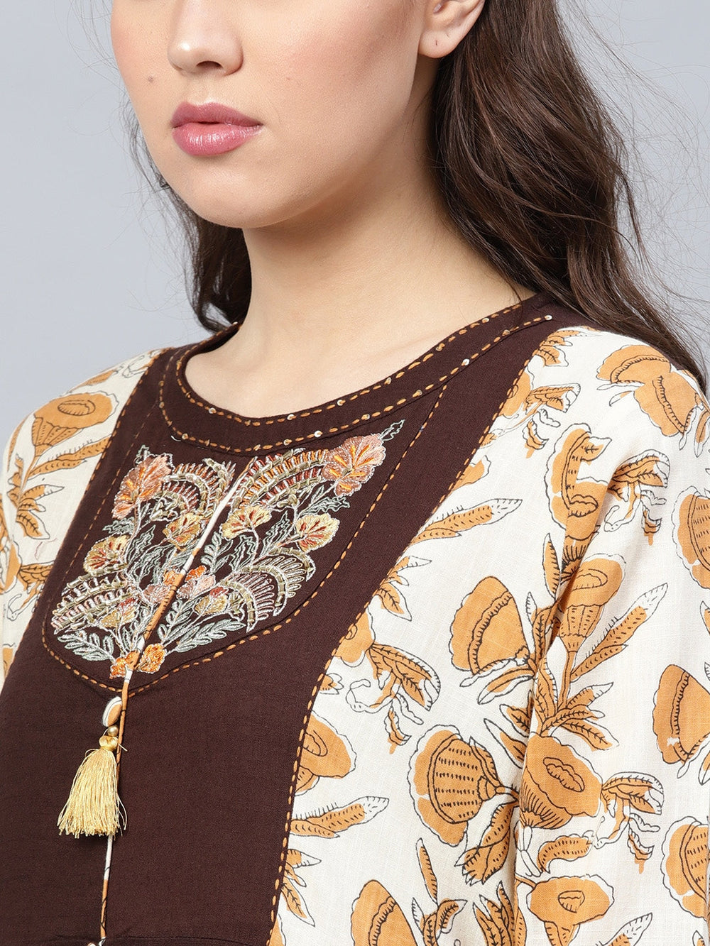 Off-White & Brown Printed Kurta-Yufta Store-DBPWKU01582BRNS