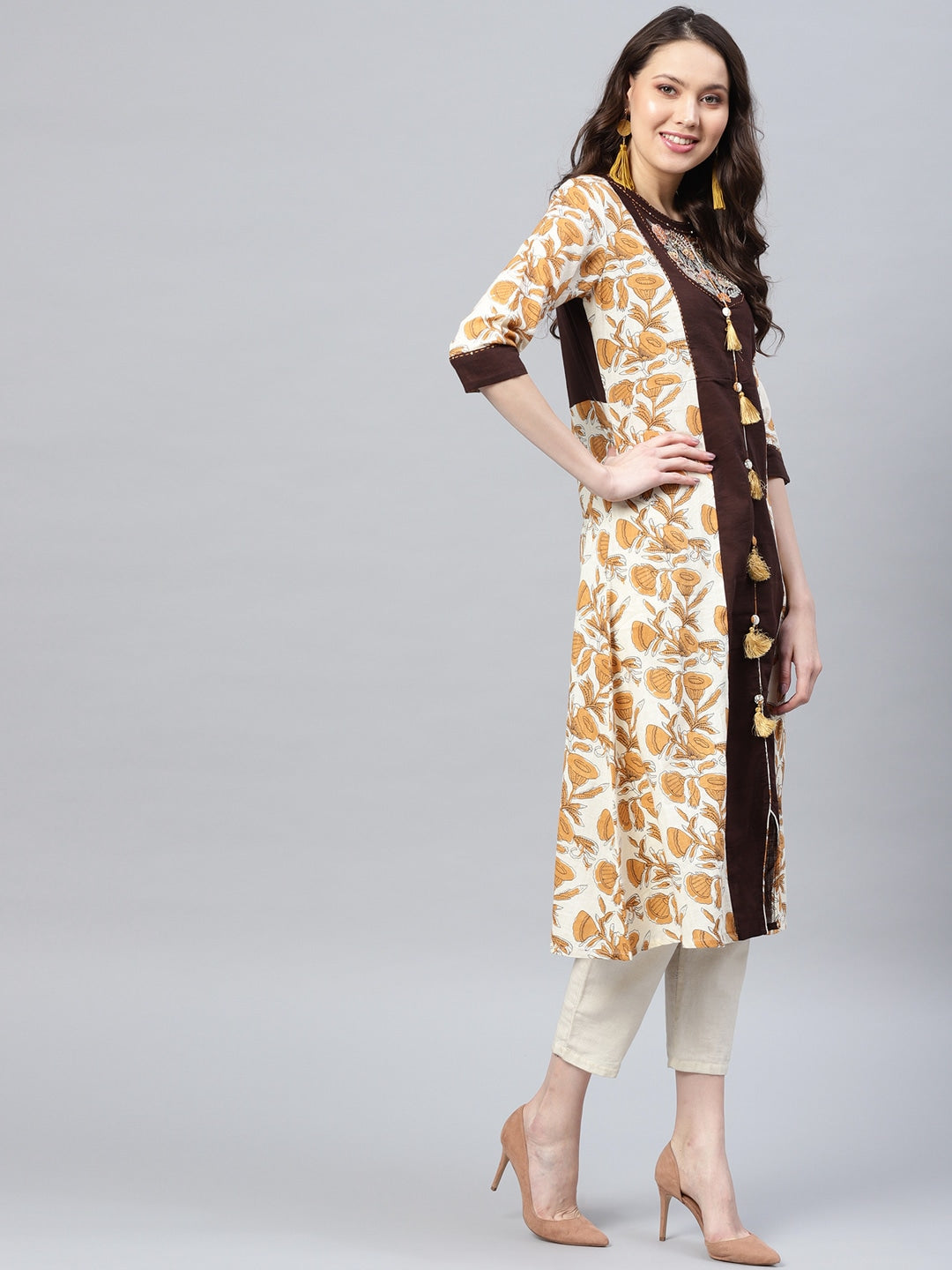 Off-White & Brown Printed Kurta-Yufta Store-DBPWKU01582BRNS