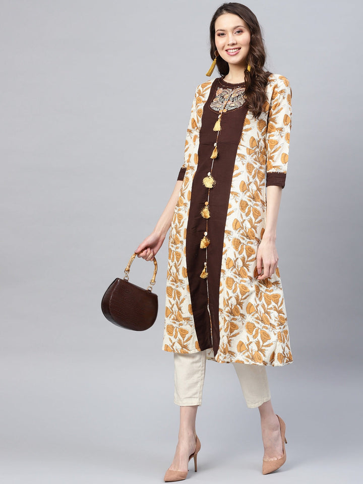 Off-White & Brown Printed Kurta-Yufta Store-DBPWKU01582BRNS