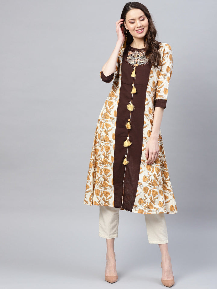 Off-White & Brown Printed Kurta-Yufta Store-DBPWKU01582BRNS