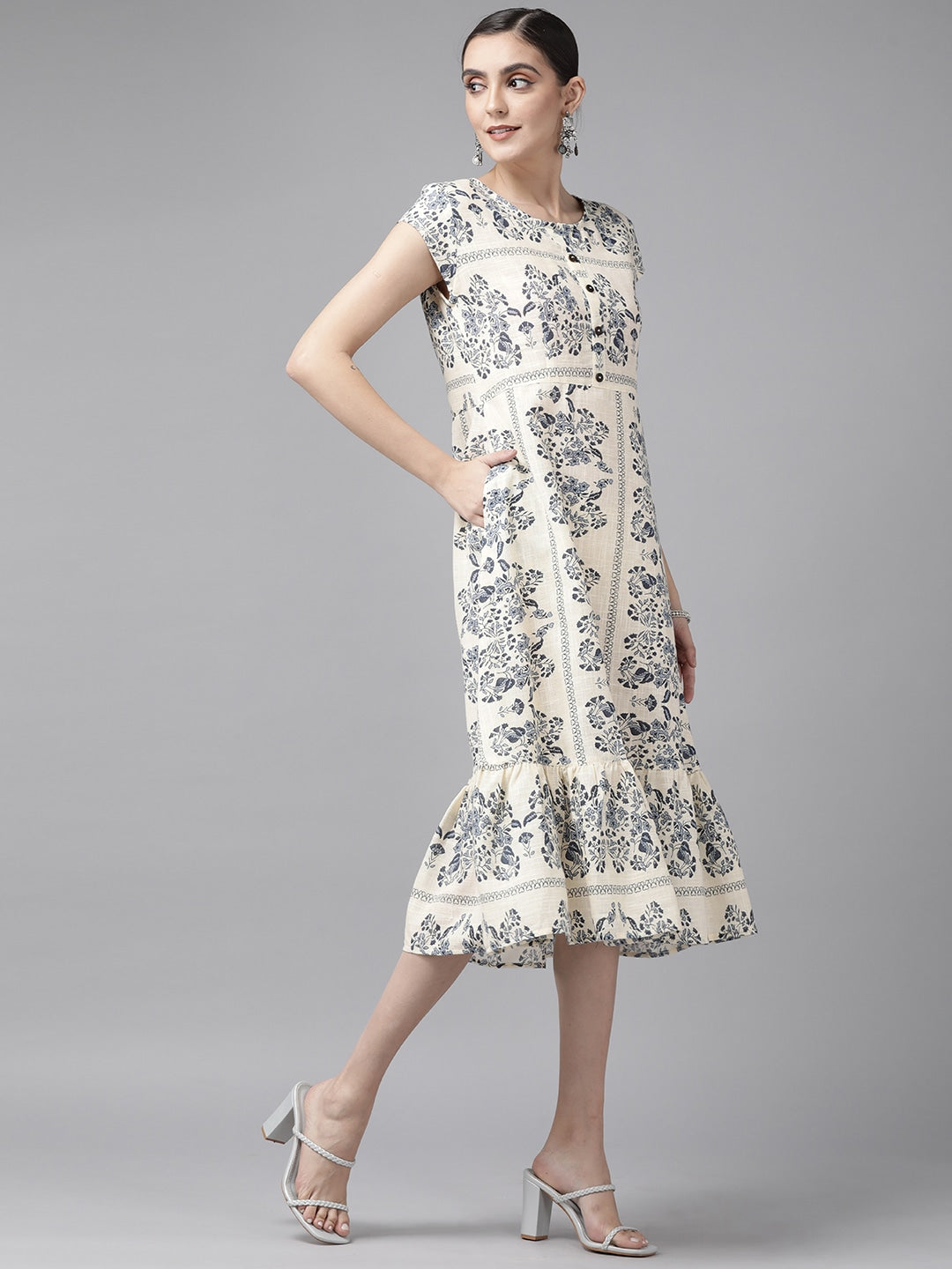 Off White Cotton Floral Print Midi Dress-Yufta Store-9709DRSWHXS