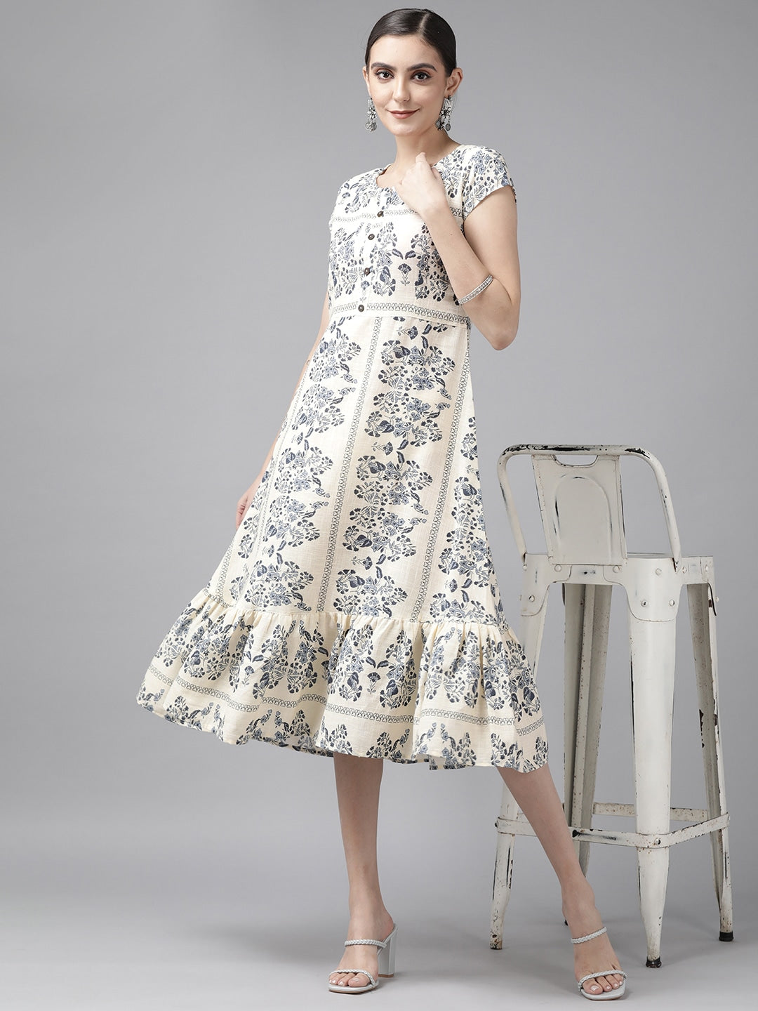 Off White Cotton Floral Print Midi Dress-Yufta Store-9709DRSWHXS