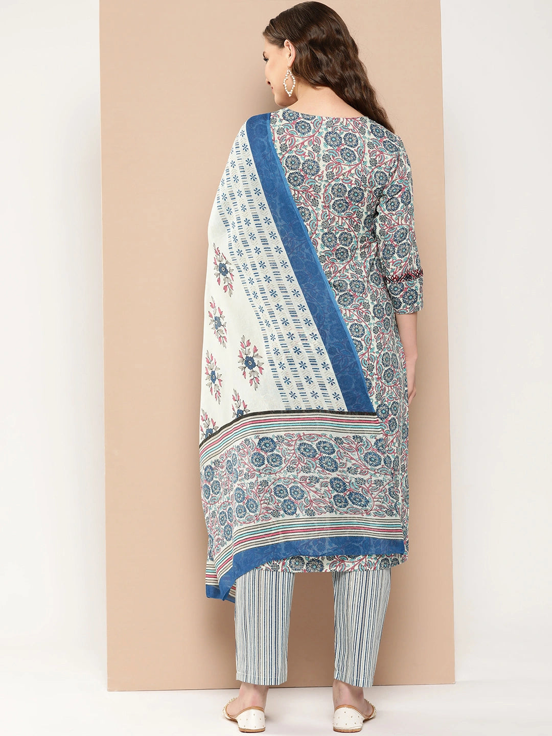 Off-White Floral Printed Pure Cotton Kurta With Trouser And Dupatta-Yufta Store-1372SKDBLS