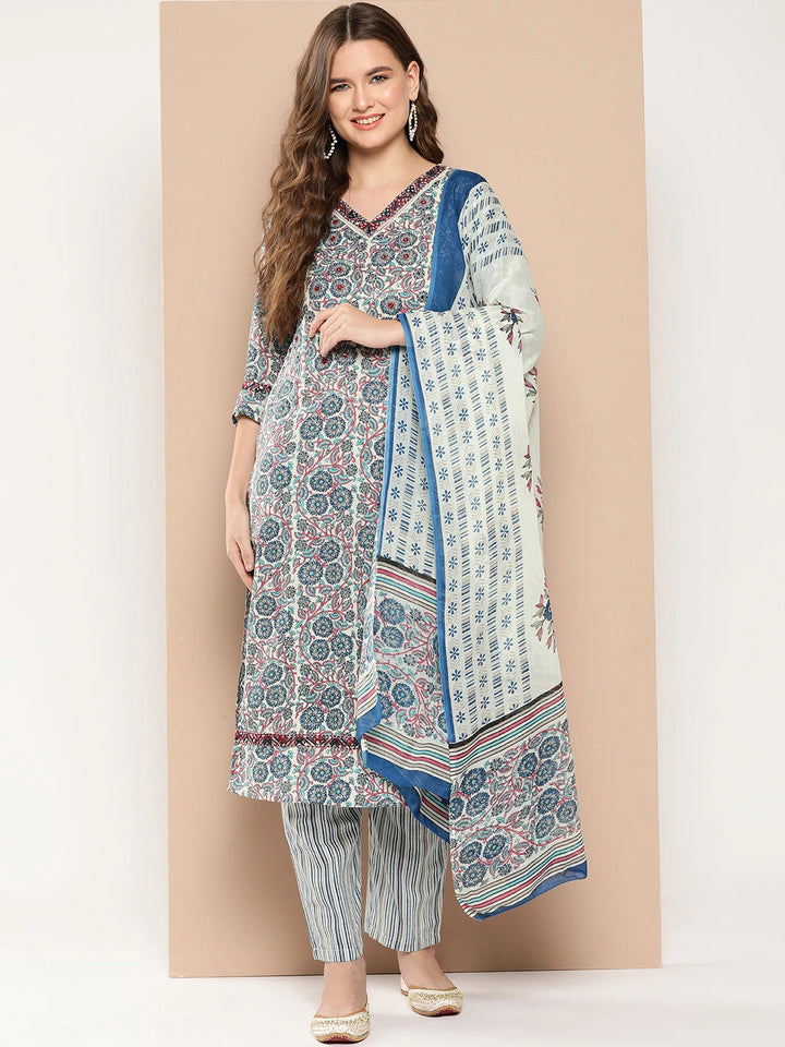 Off-White Floral Printed Pure Cotton Kurta With Trouser And Dupatta-Yufta Store-1372SKDBLS