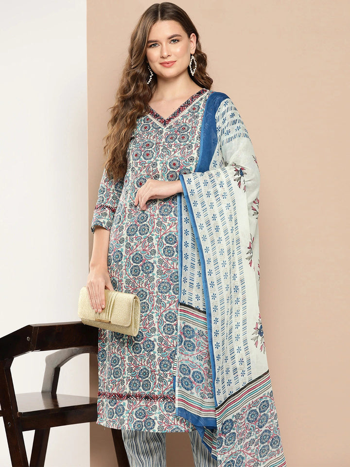 Off-White Floral Printed Pure Cotton Kurta With Trouser And Dupatta-Yufta Store-1372SKDBLS