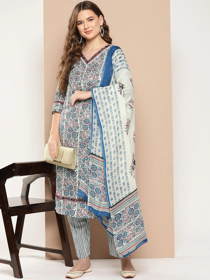 Off-White Floral Printed Pure Cotton Kurta With Trouser And Dupatta-Yufta Store-1372SKDBLS