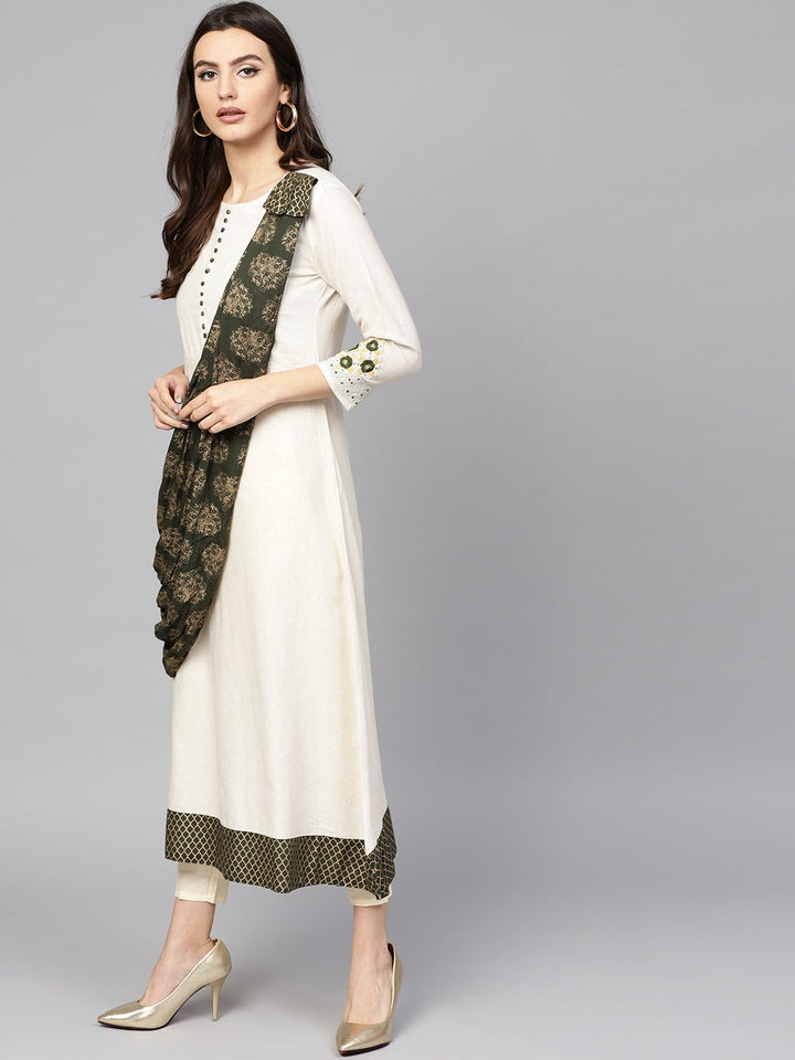 Off-White & Green A-Line Kurta-Yufta Store-DBNKU1646GRS