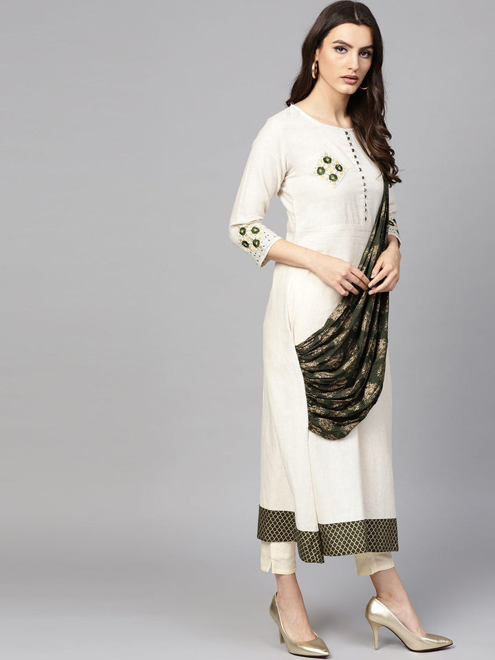 Off-White & Green A-Line Kurta-Yufta Store-DBNKU1646GRS