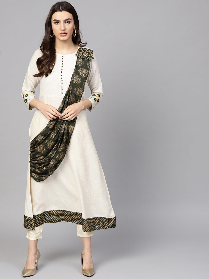 Off-White & Green A-Line Kurta-Yufta Store-DBNKU1646GRS