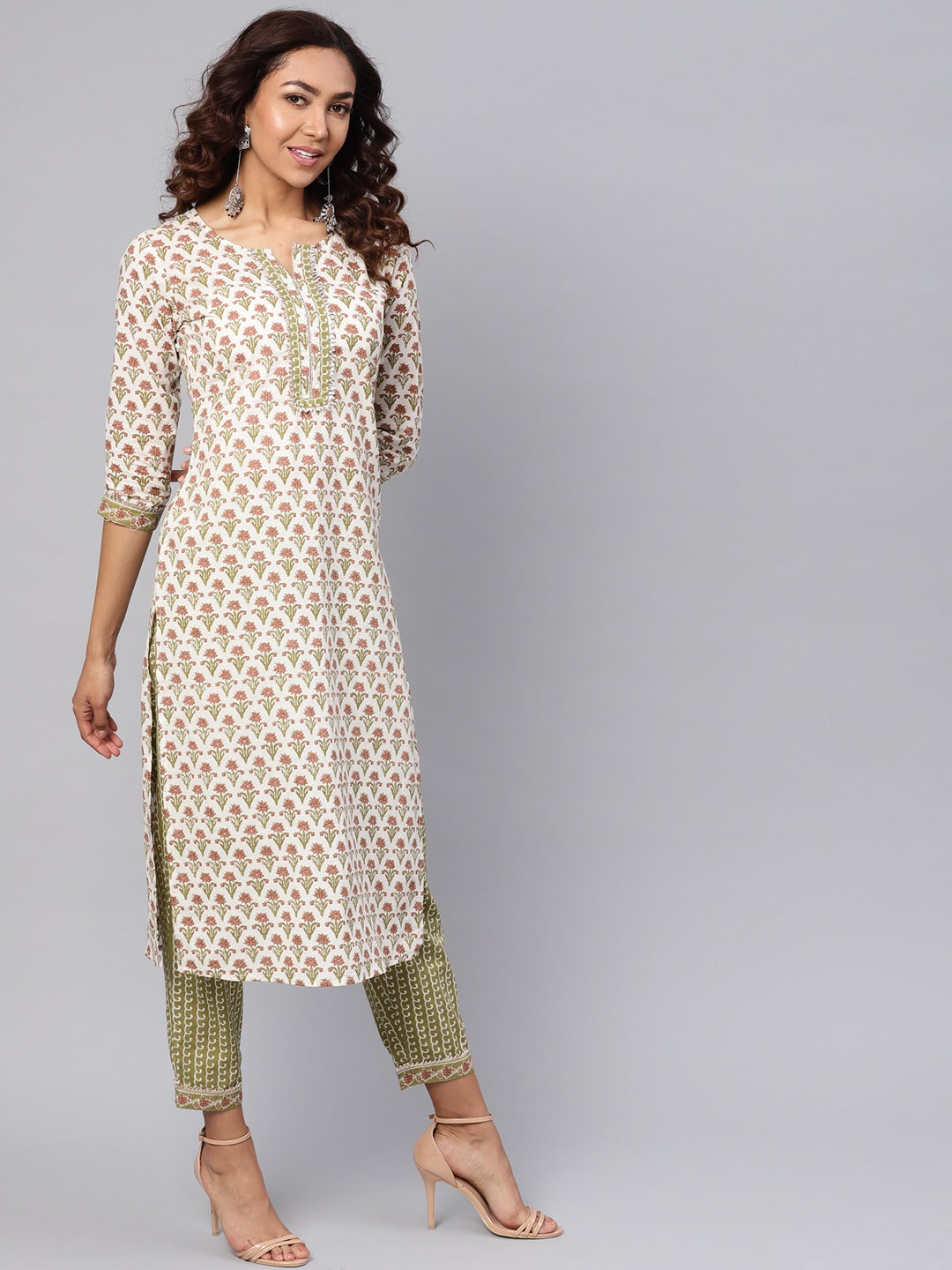 Off-White & Green Printed Dupatta Set-Yufta Store-YUFPJSET794S