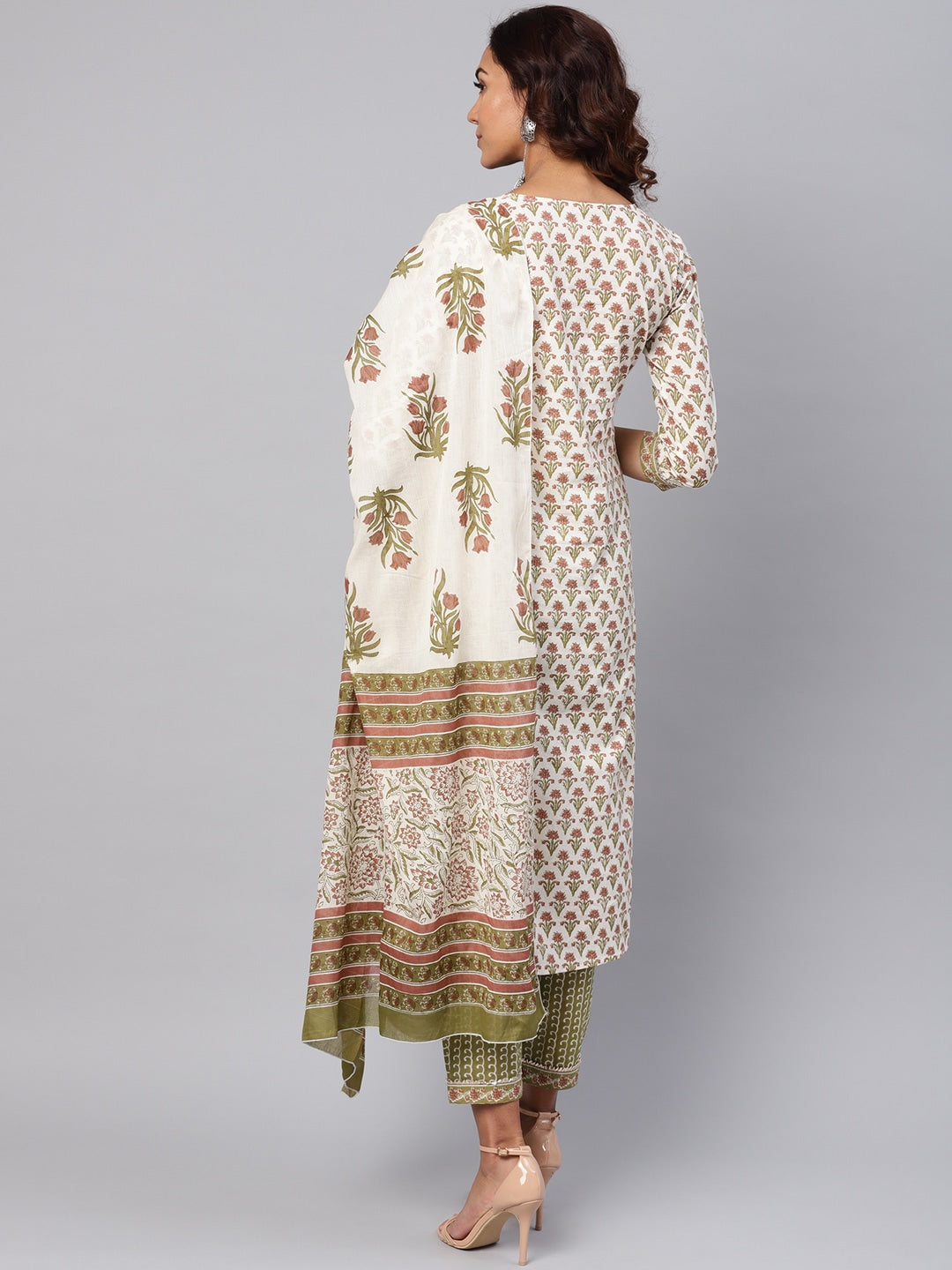 Off-White & Green Printed Dupatta Set-Yufta Store-YUFPJSET794S