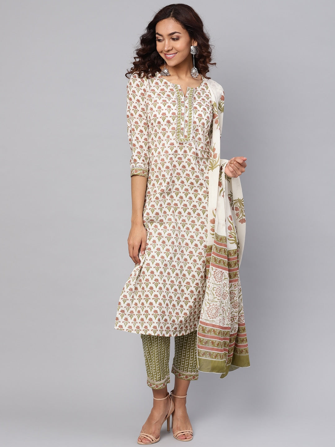 Off-White & Green Printed Dupatta Set-Yufta Store-YUFPJSET794S