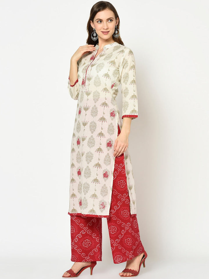 Off-White & Green Printed Kurta Set-Yufta Store-7620SETWHS