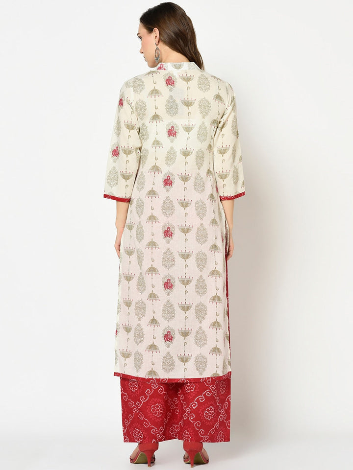 Off-White & Green Printed Kurta Set-Yufta Store-7620SETWHS