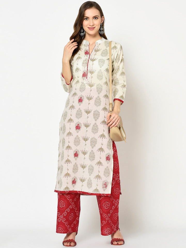 Off-White & Green Printed Kurta Set-Yufta Store-7620SETWHS