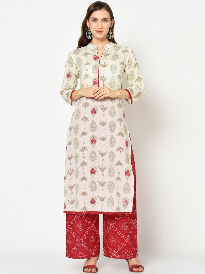 Off-White & Green Printed Kurta Set-Yufta Store-7620SETWHS