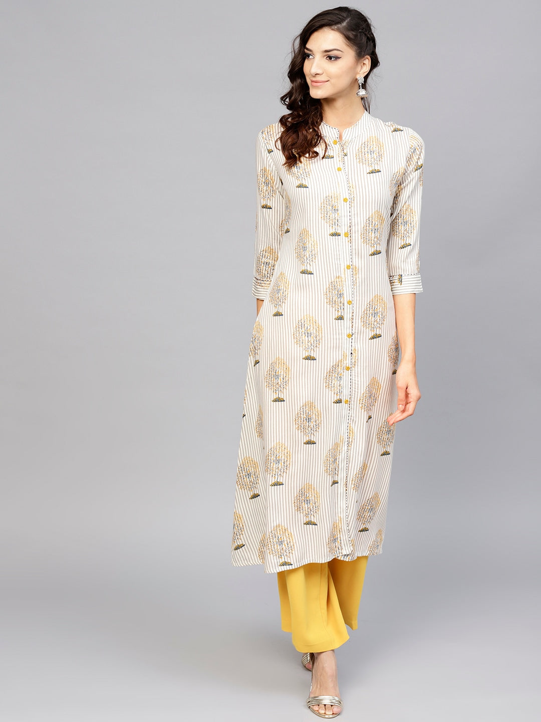 Off-White & Grey A-Line Kurta-Yufta Store-YUFNKU1912S