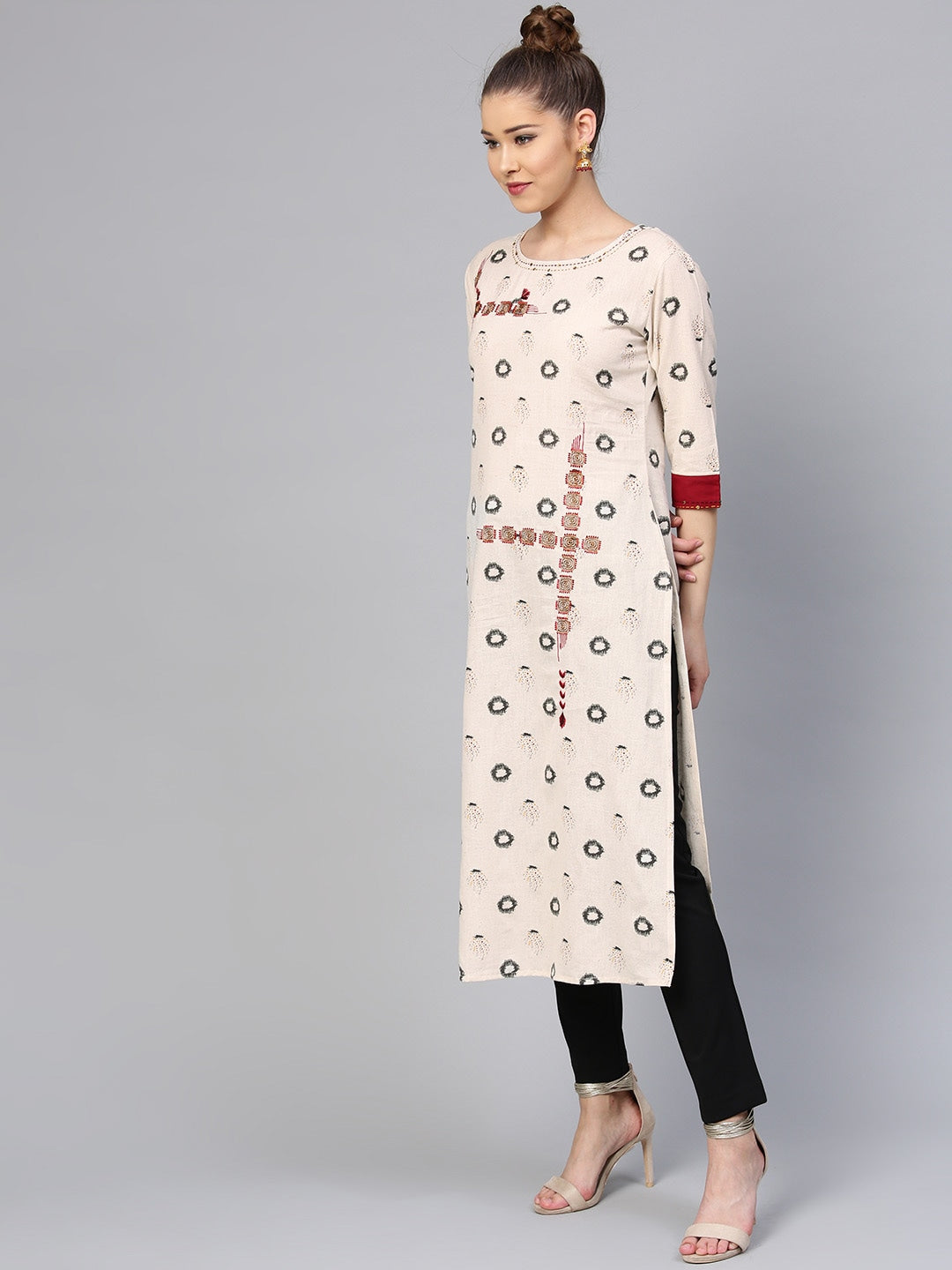 Off-White & Grey Straight Kurta-Yufta Store-YUFPJSET999KUS