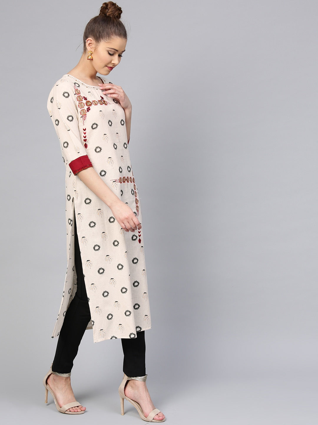 Off-White & Grey Straight Kurta-Yufta Store-YUFPJSET999KUS