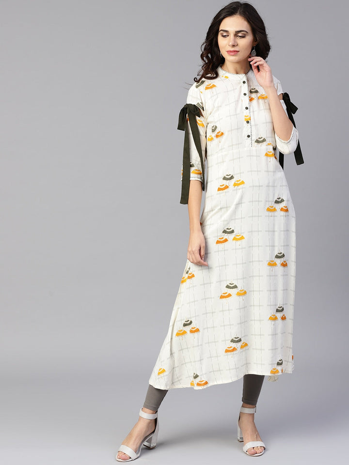 Off-White & Mustard Printed Kurta-Yufta Store-YUFNKU1911S