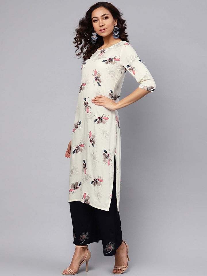 Off-White & Navy Printed Blue Kurta Set-Yufta Store-YUFGKSET761PKS