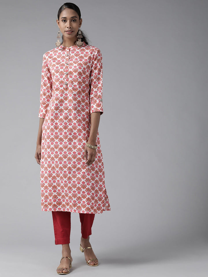 Off-White & Pink Ethnic Printed kurtis for women-Yufta Store-9563KURRDS